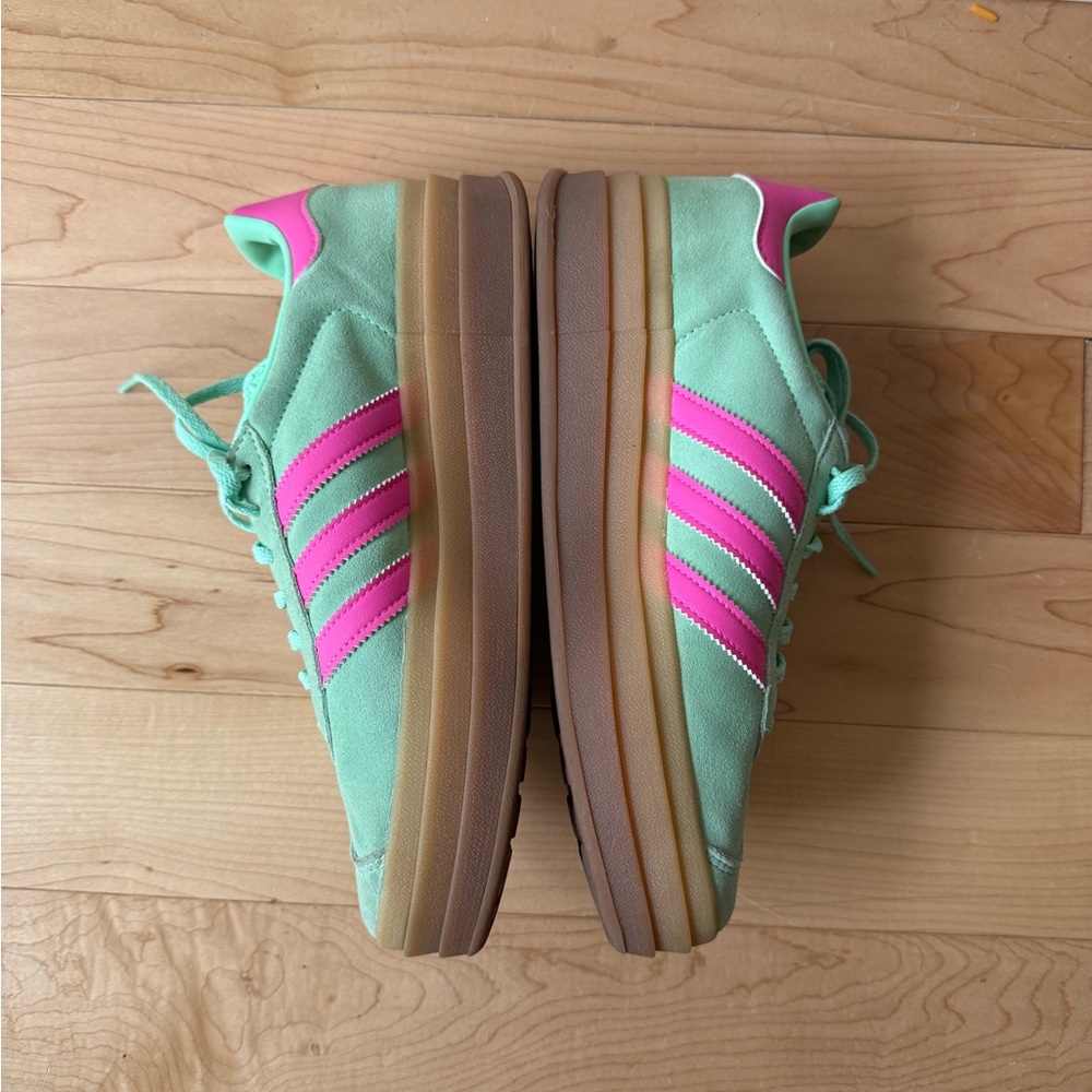 Adidas gazelle bold green with pink stripes